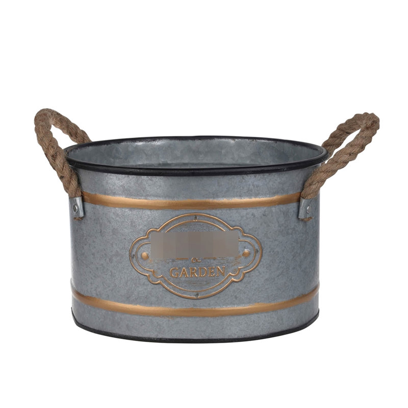 Metal Decorative Pot Collection Of 3 With Rope Handles And Gold Trim Piece, Cottage Aesthetic Look - Alike, Progressive Sizing For Nesting, 4.2 Lbs Pots Ornament Feature, Grey Multi Shade, Space