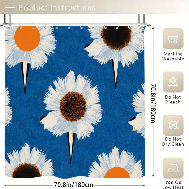 Marguerites blanches sur rideaux de douche bleus, 71 x 71