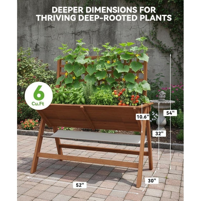 Elevated Garden Bed,  with Climbing Trellis, Brown