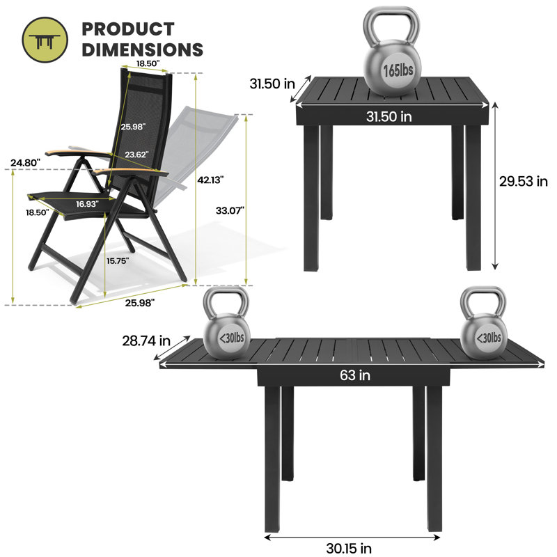 4 - Person Aluminum Patio Dining Set with Extendable Table and Folded Reclining Armchairs, 4