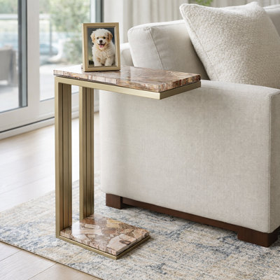 Petrified Wood Side Table With C-Shape Base For Living Room - Stylish Narrow End Table For Reading Nook Or Covered Patio - 24", Gold