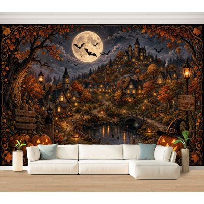 Papier peint auto-adhésif Halloween Village Landscape Haunted Castle Night Autumn Forest papier autocollant amovible pour salon