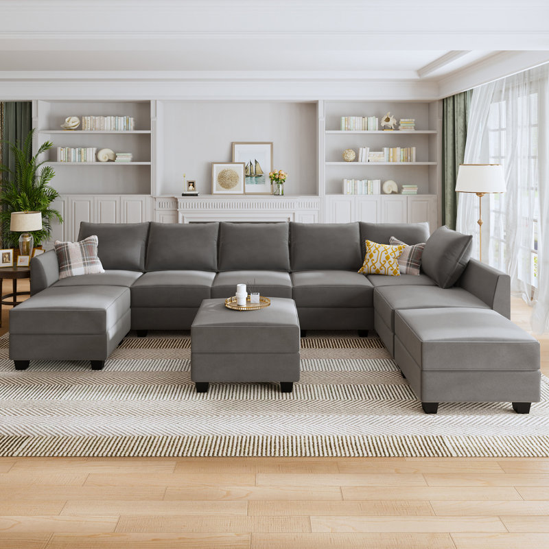 Tremee U-shaped Modular Sectional Sofa with Chaise, Gray Velvet