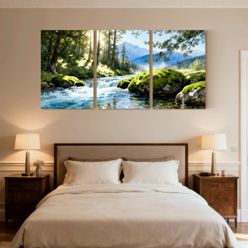 Paysage et nature forêt ruisseau montagne lever du soleil Moss Rocks arbres eau ensemble de 3 impressions sur toile