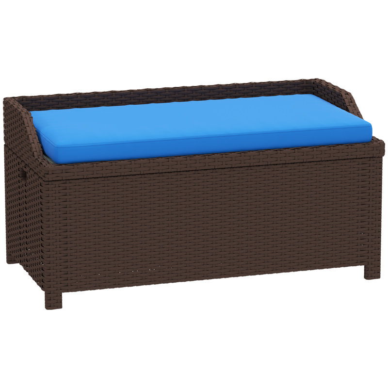 Banc de rangement d'extérieur en osier avec coussin, bleu, Blue