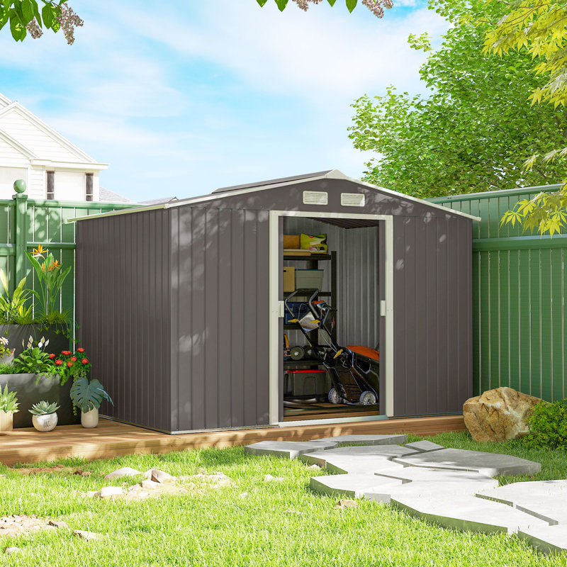 Outsunny 9 x 6 ft Metal Garden Shed Waterproof Galvanised Grey