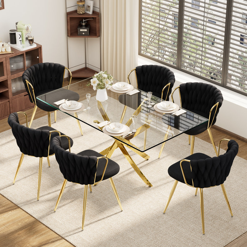 Ensemble de table à manger rectangulaire élégant pour 6 personnes, Noir, noir, noir, noir, Doré