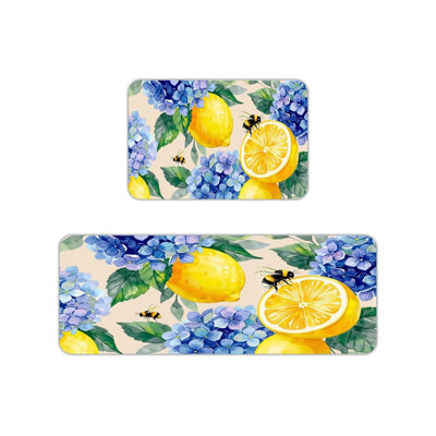 Tapis de cuisine beige avec hortensias et abeilles citron, 2 pièces, décor floral pour la cuisine et le salon