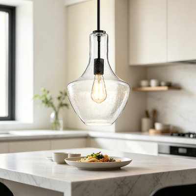 Farmhouse Matte Black Pendant Light, Adjustable Height Dimmable Hardwired Pendant, Clear Seedy Glass