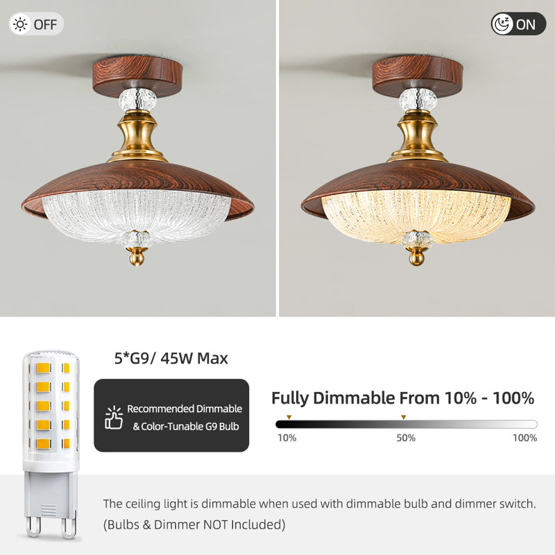 Vintage Crystal Semi-Flush Ceiling Light, 5-Light 12” Fixture. Mid-Century style, ideal for bedroom, entryway, hallway, dining room.