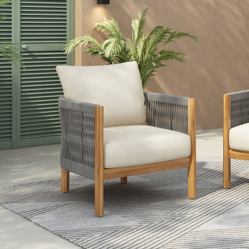 Harrill Outdoor Acacia Wood Club Chair With Cushions, Teak/Gray