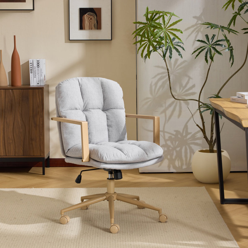 Linen Blend Swivel Office Chair Adjustable Height With Wood Armrests For Home Office And Living Room, Light Gray