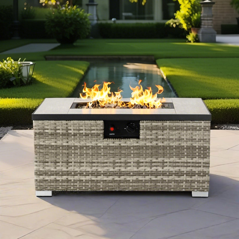 Odyssefs 15'' H x 32'' W Outdoor Propane 2-Piece Fire Pit Table Set in Wooden Texture Top with Extra Gas Tank Holder and Metal Cover Lid