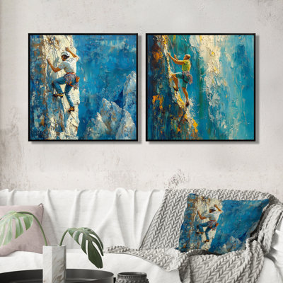 «Blue and White Rock Climbing I - Motivation Climbing Man», art mural traditionnel sur toile 2 pièces