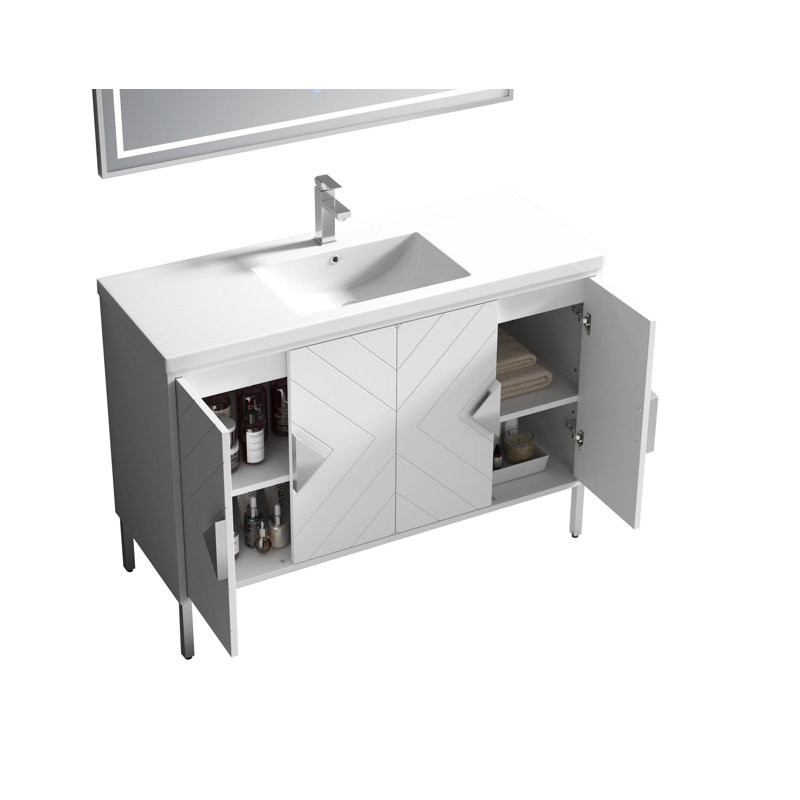 Meuble-lavabo moderne autoportant blanc Eileen de 48 pouces de marque Tennant, lavabo simple, dessus en composite acrylique, entièrement assemblé