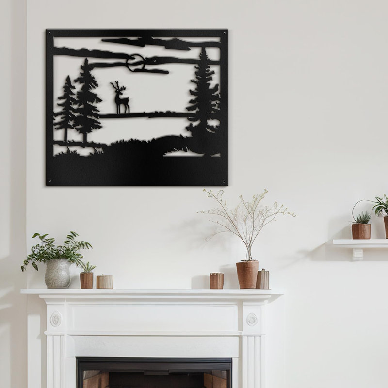Deer and Pine Trees Decor Modern Abstract Wall Accent Sculpture Hanging Decoration Metal Wall Decor, Blck