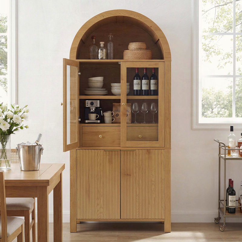 Grand garde-manger arqué cannelé de 71 po avec tablettes réglables, rangement élégant avec tiroir caché et porte vitrée pour la cuisine, le salon et la salle à manger