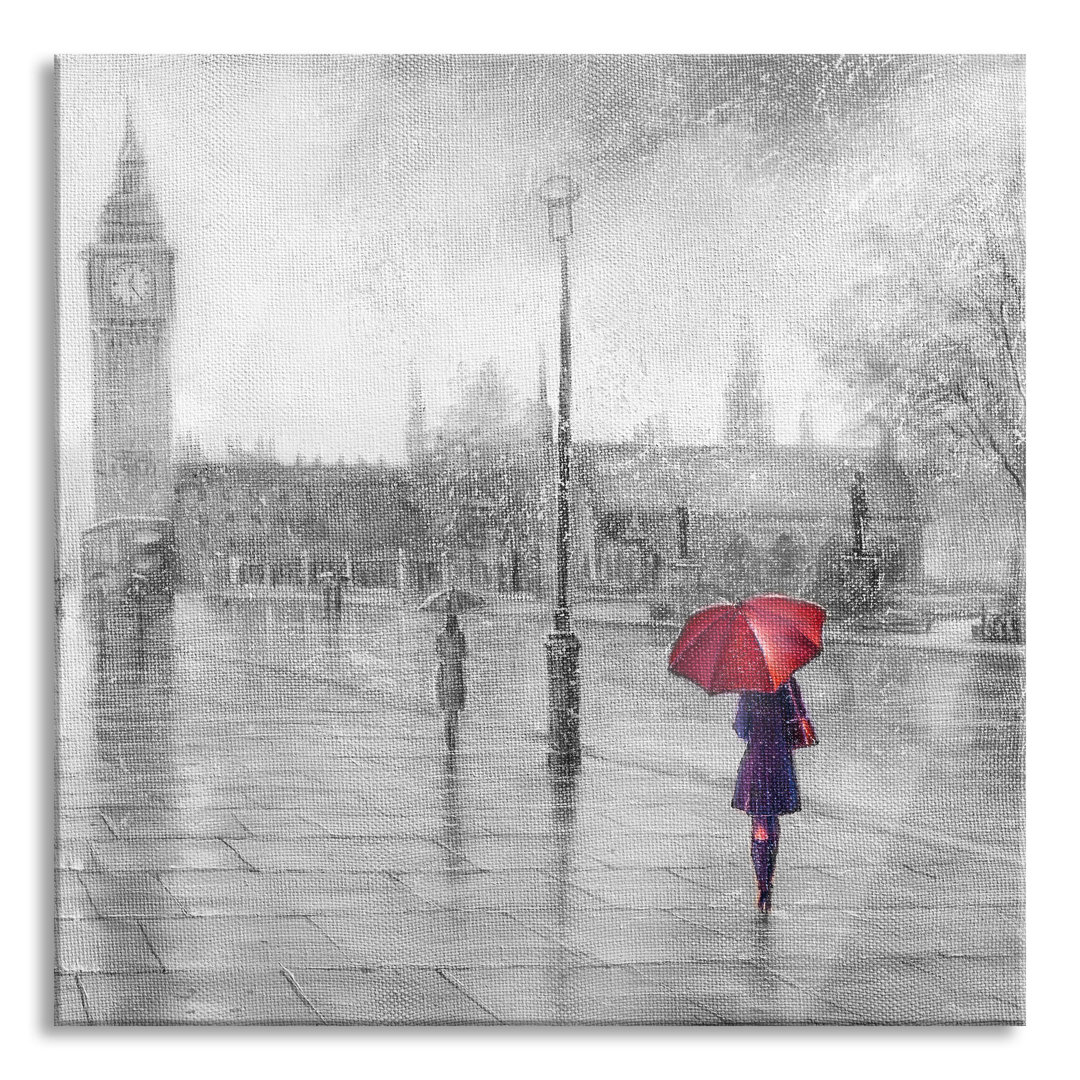 Glasbild Rainy Day in London mit Big Ben Schwarz und Weiß