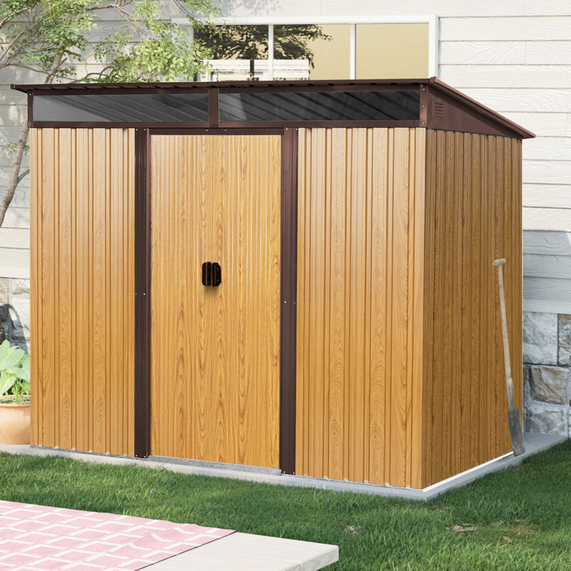 8 X 6 Ft Outdoor Metal Storage With Lockable Door  Coffee . Spacious Area. Design. For Patio And Lawn 8Ft 6Ft Shed Material. Transparent Panel For Visibility. Utility