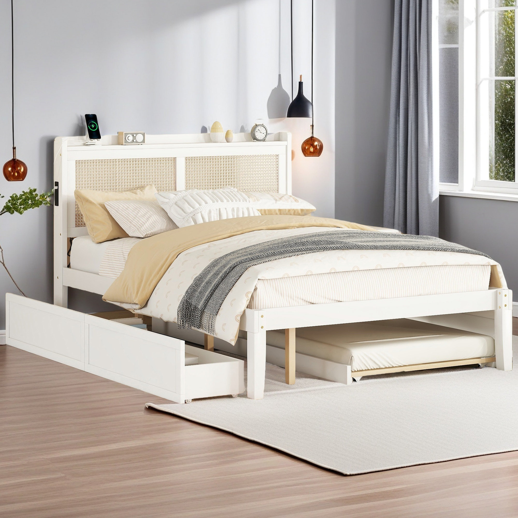 Bay Isle Home™ Queen Size Elegant Bed Frame With Rattan Headboard And ...