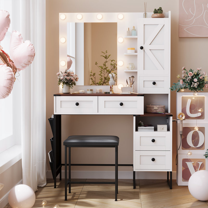 Makeup Vanity Desk with Mirror, 5 Large Drawers, 3 Color Modes Adjustable Bulb