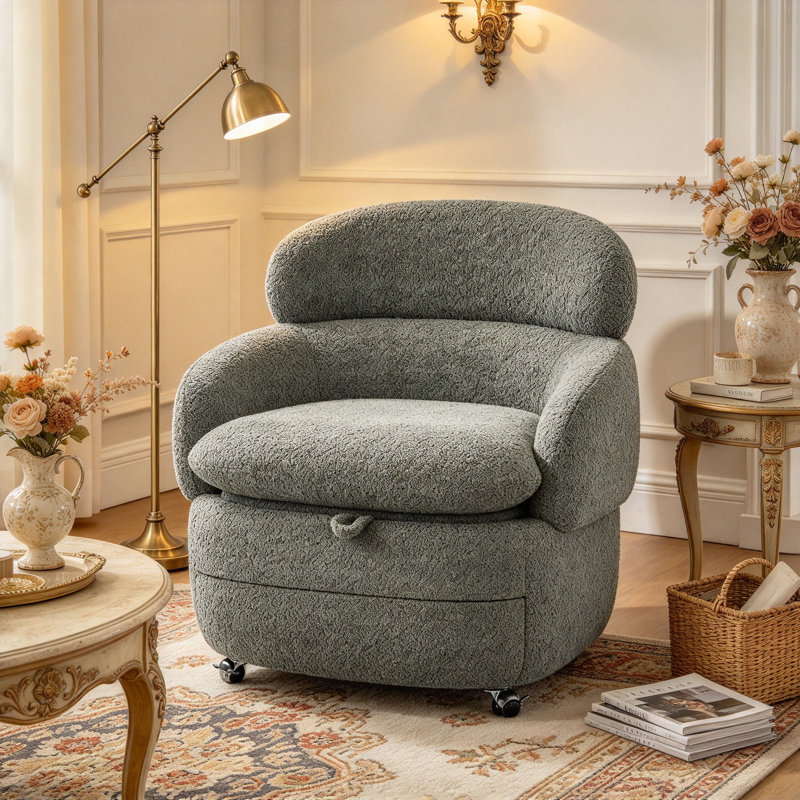 Swivel Storage Accent Chair with Casters, Upholstered Single Lounge Armchair with Hidden Storage, Ergonomic Curved Backrest for Living Room Bedroom Reading Nook, Multiple Color Options