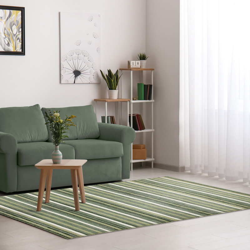 Tapis rayé vert / blanc en laine tissé à la main Alexes, Rectangle 8 pi 3 po x 11 pi 6 po