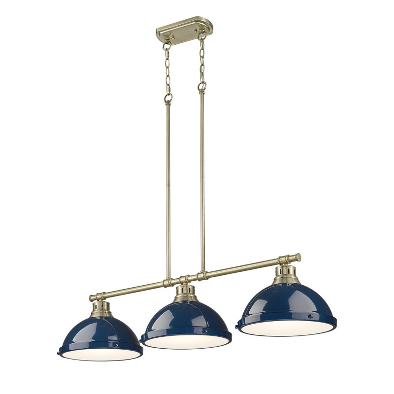 Luminaire suspendu linéaire 3 lumières Laramy, Bleu marine mat, Laiton vieilli