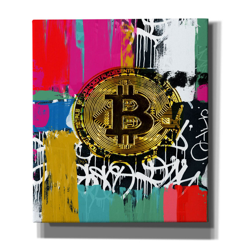 «Crypto-monnaie Bitcoin Graffiti 2-1» par Irena Orlov, art mural sur toile, H 30 po x l 26 po x P 1,5 po