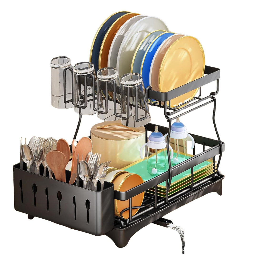 2-Tier Dish Drainer With Drip Tray, Removable, Black