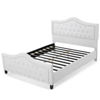 Gray Upholstered Queen Platform Bed, Arched Headboard And With Fascinating Nailhead Decor, Button , No Box Spring Required, Easy To Install Stylish Trim, Not Assemble