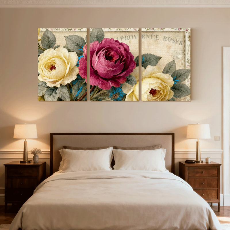 Ensemble de 3 impressions sur toile roses rétro sur fond doux et feuilles, H 24 po x l 48 po
