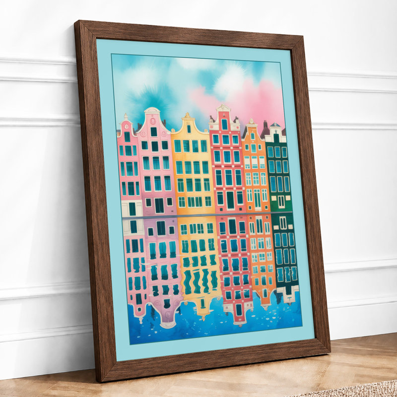 European Waterside Houses Retro - Framed Print, A2 - 59.4 x 42.0 cm, Walnut