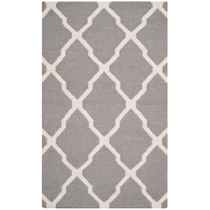 Rodgers Hand Woven Flat Weave Wool/Cotton Geometric Rug in Gray/Black, Rectangle 6' x 9'