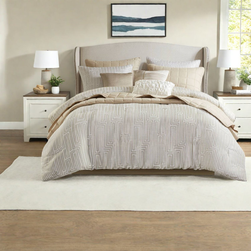 Ensemble de literie de luxe ivoire pour grand lit 10 pièces avec motif jacquard