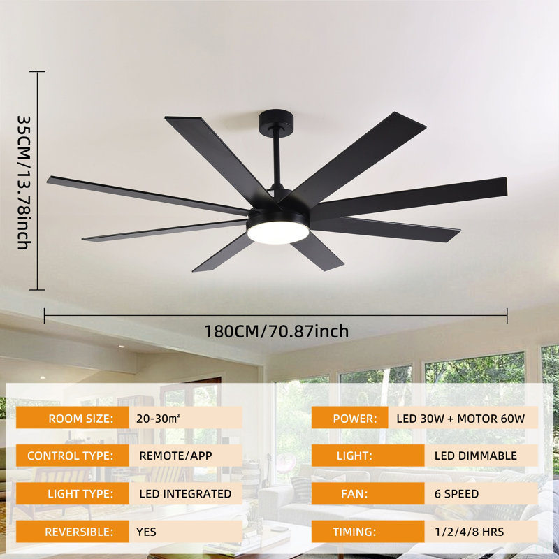 72" Ceiling Fan With Light, 6-Speed Remote Control, Reversible DC Motor, Modern 8 Blades With 6"/12"/19.5"  Downrods For Home Or Commercial Black/Walnut
