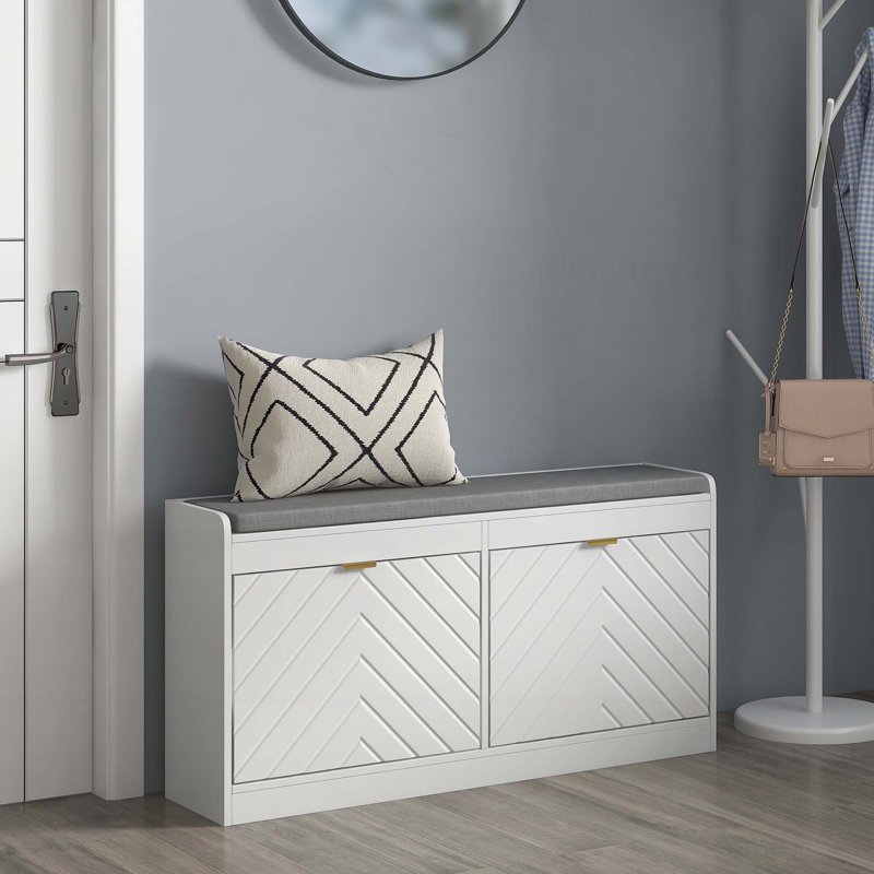 Shoe Bench, Entryway Bench with 2 Flip Drawers, Seating Cushion
