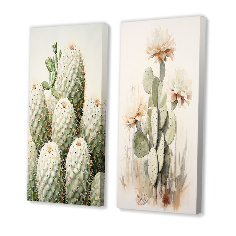 Cactus minimaliste beige et vert - Cactus sur toile, ensemble de 2, H 28 po x l 25 po, Toile tendue