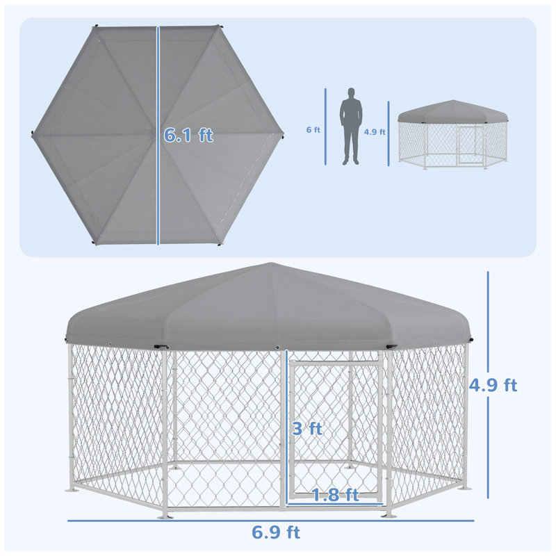 Piste pour chien 6,9 'x 6,1' x 4,9 'avec toit imperméable et résistant aux rayons UV, porte verrouillable, pour chiens de taille moyenne et grande, argent