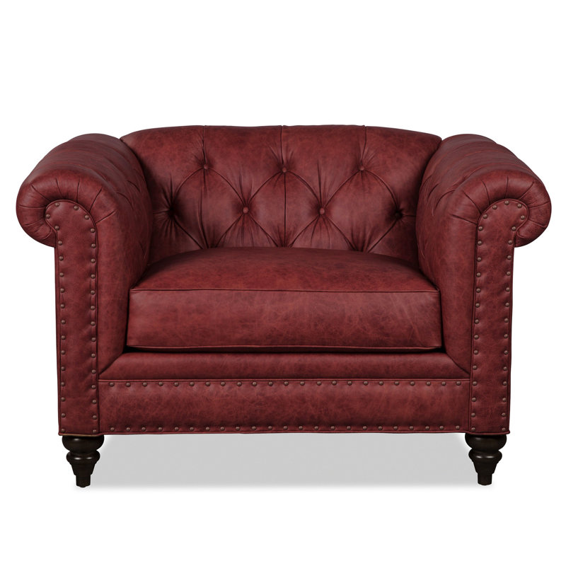 Chaise avec accoudoirs en cuir véritable 52 po Taheem CAL117, Cuir véritable bourgogne
