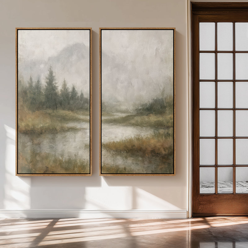 «Misty Pine Forest Water Reflection», ensemble de 2 reproductions d'art encadrées sur toile 60 po, 2 pièces, Naturel
