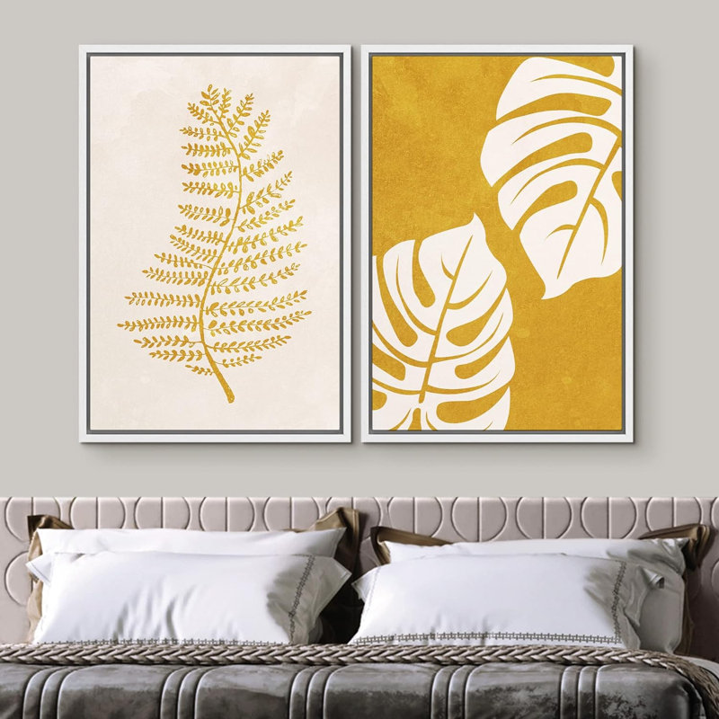 Jaune, blanc, feuille tropicale, silhouettes, nature sauvage, art moderne, rustique, coloré, 2 pièces, Blanc