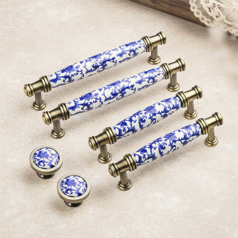 Poignées d'armoire et de tiroir, poignées en céramique de porcelaine, boutons ronds, bleu et blanc, ensemble de 6