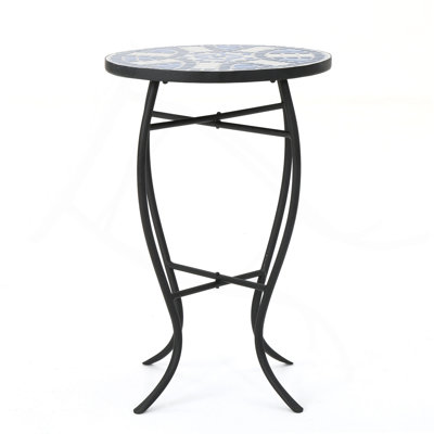 Outdoor Round Side Table With Mosaic-Style Top And Curved Iron Legs, End Table-Blue