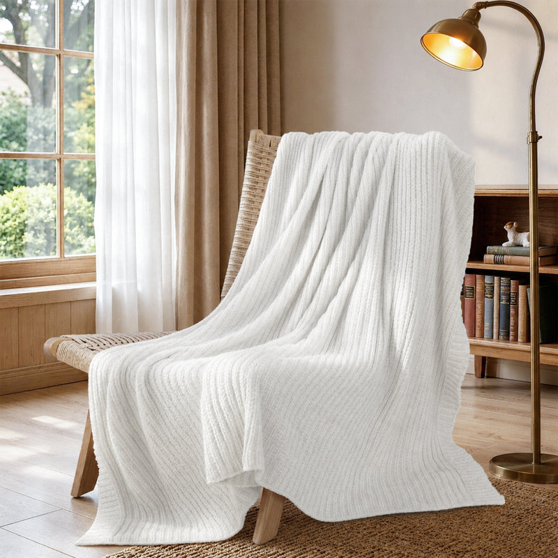 Soft Plush Lightweight Reversible Chenille Throw Blanket, White