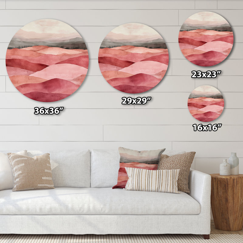 «Fragmented Terrain In Blush», art mural rond grand paysage abstrait, L 29 po x H 29 po