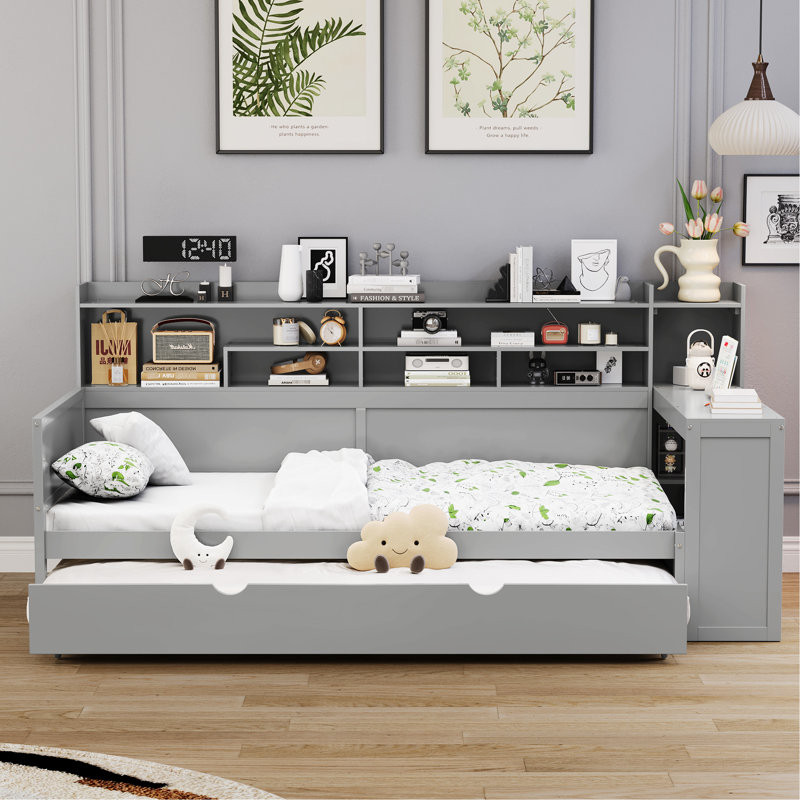 Lit gigogne multi-fonctionnel en bois gris avec lit gigogne, rangement et bureau avec lit gigogne et bureau, Lit simple