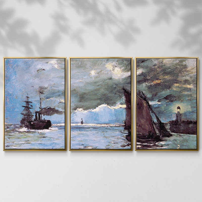 Paysage marin par Monet, encadré sur toile, 3 pièces, H 24 po x l 48 po x P 2 po, Or