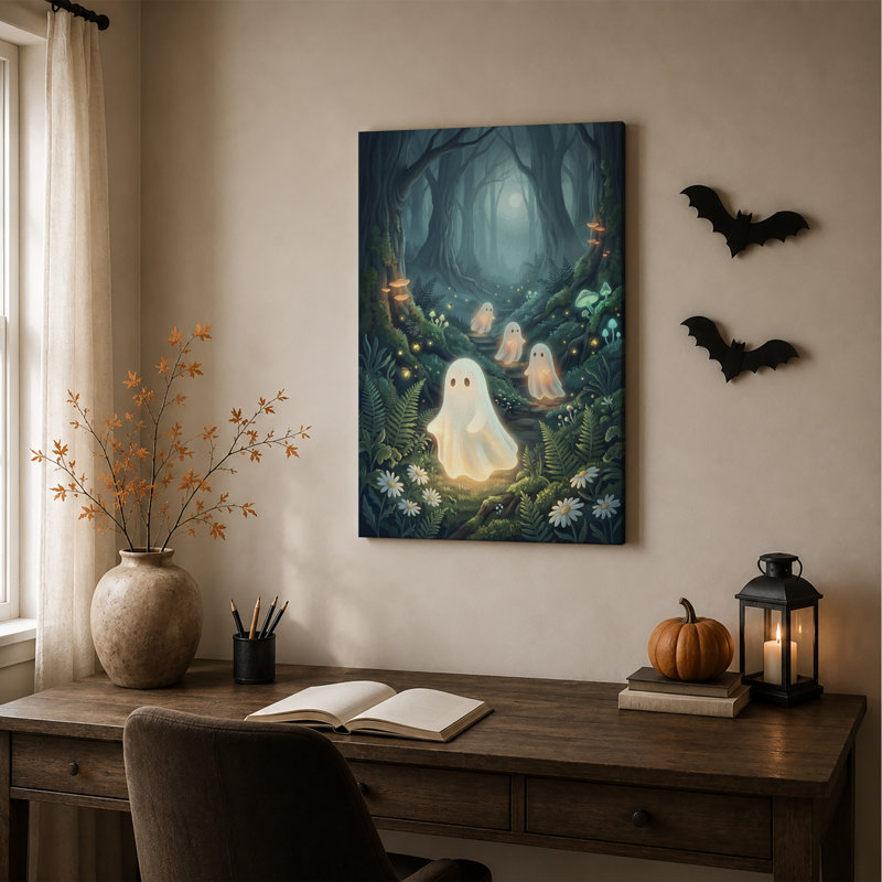 Fantômes lumineux dans une forêt au clair de lune avec des champignons - Toile murale d'Halloween, H 18 po x l 12 po