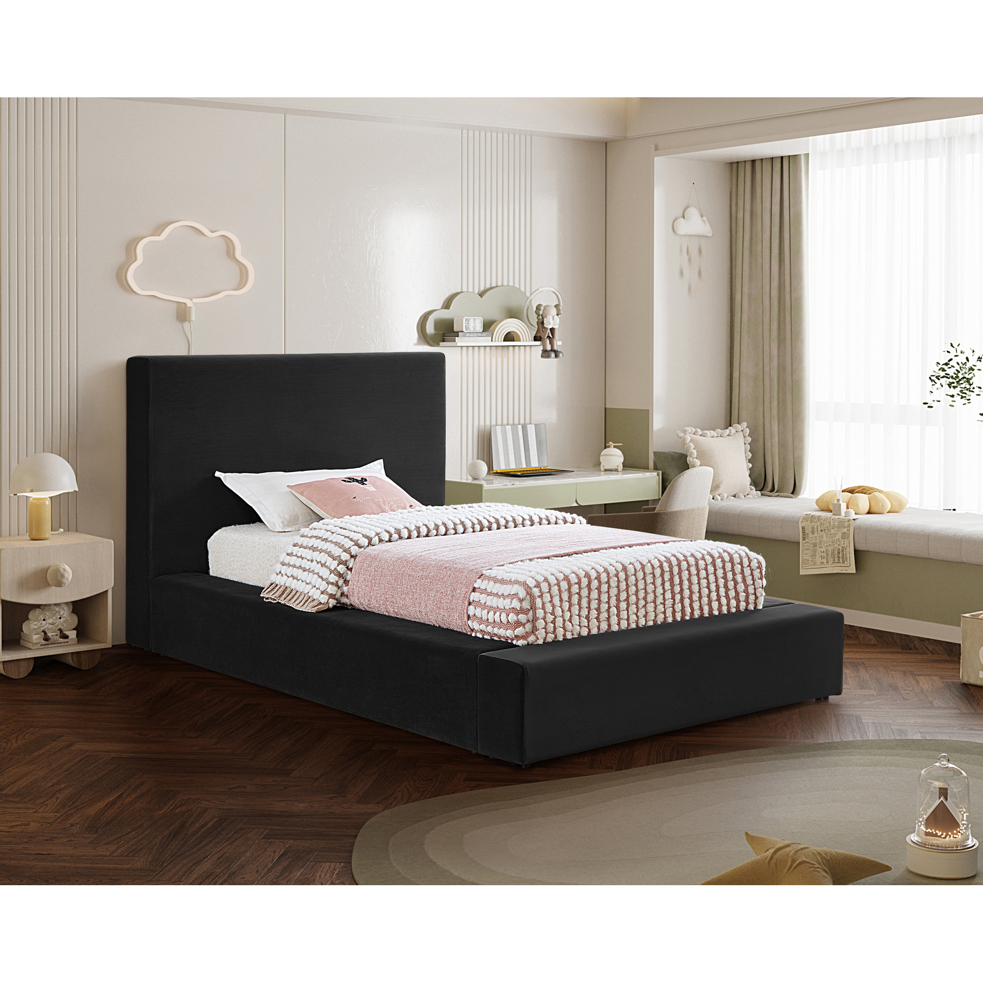 Ishia Upholstered Platform Bed, Black Velvet, Twin